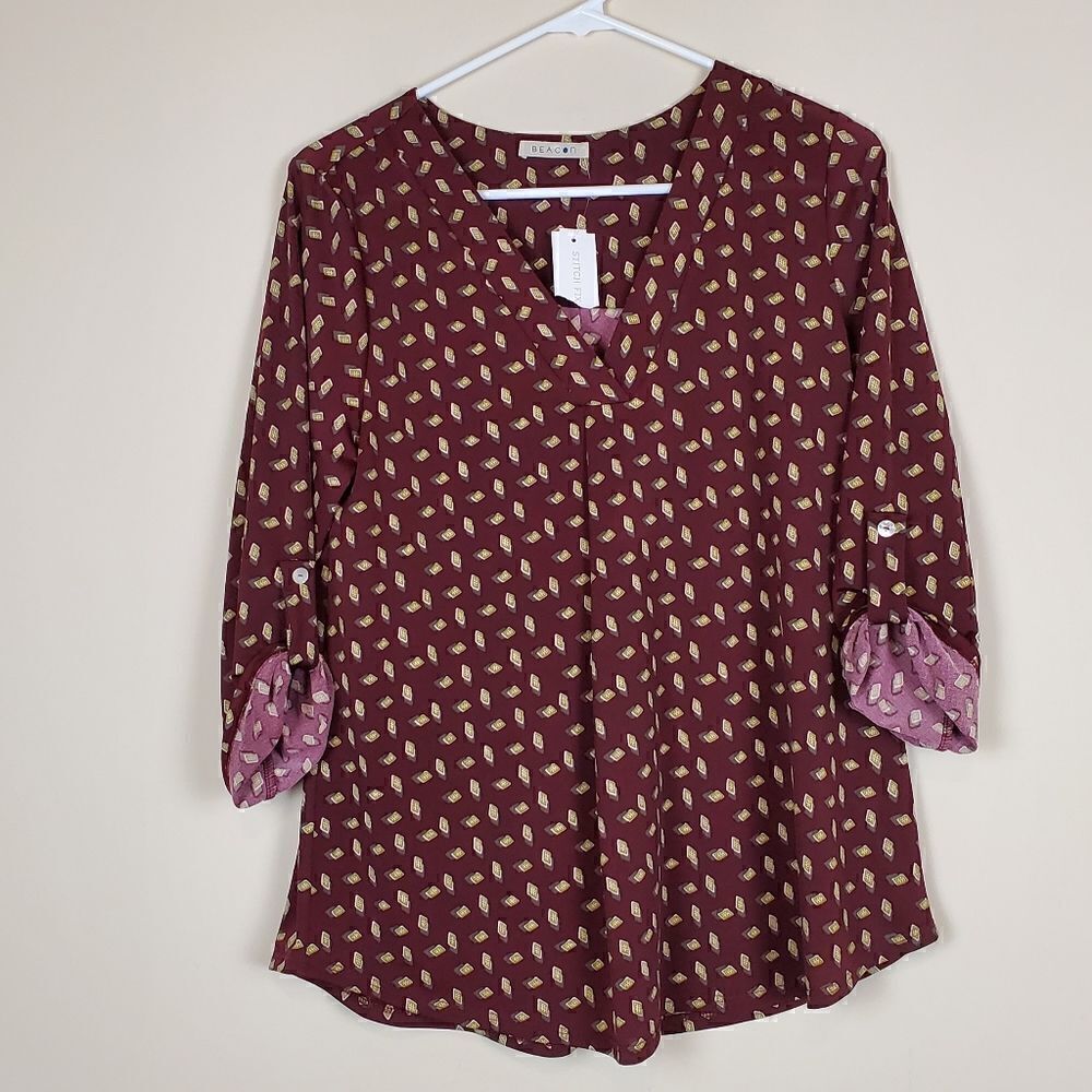 Beacon Stitch Fix Burgandy Patty Roll Tab Blouse Size Small